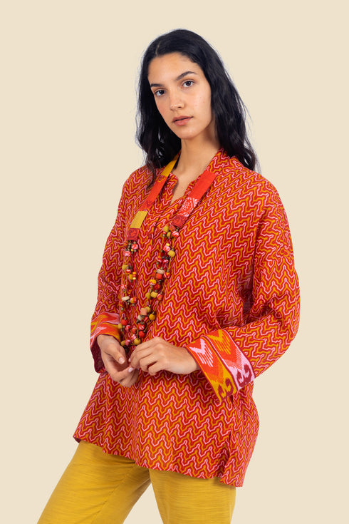 Over sized printed cotton top with 3/4 length sleeves
